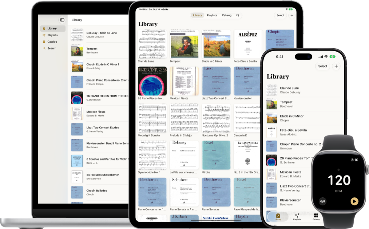 eSuite on Mac, iPad, iPhone, and Apple Watch, showing the library and the Watch metronome