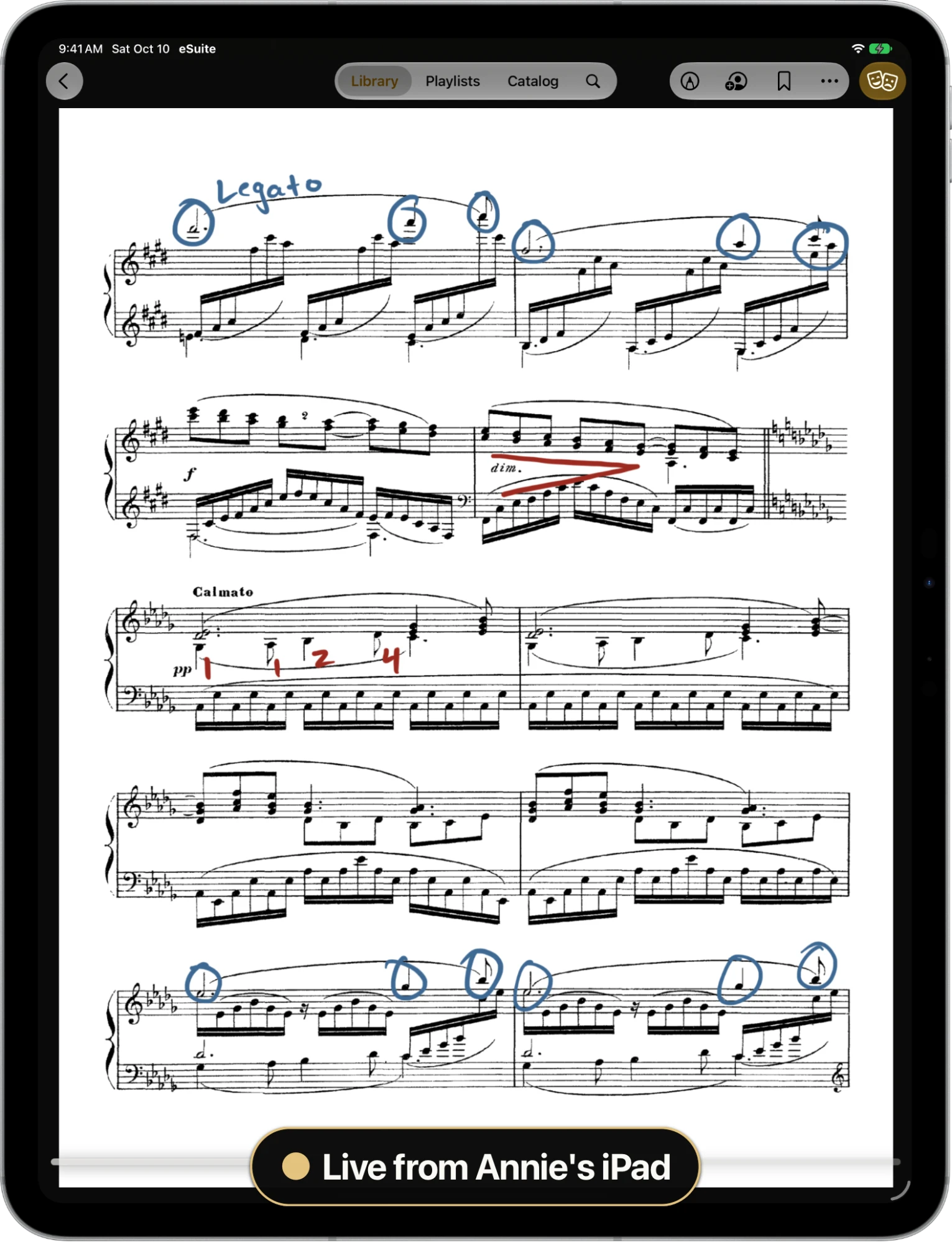A score on iPad with annotations shared live from Annie's iPad