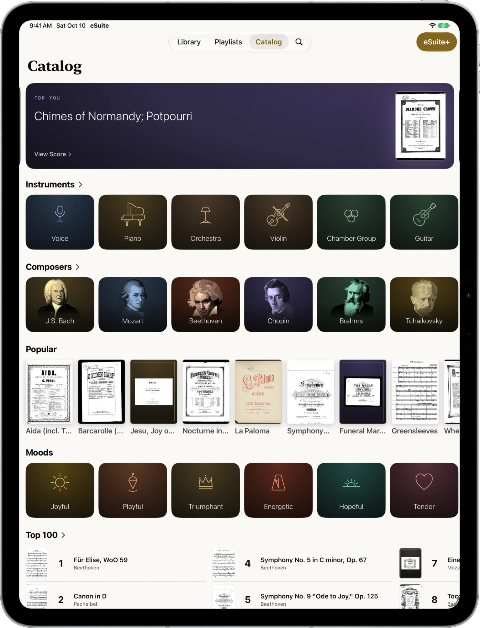 The eSuite Catalog on iPad, with instruments, composers, popular scores, and moods